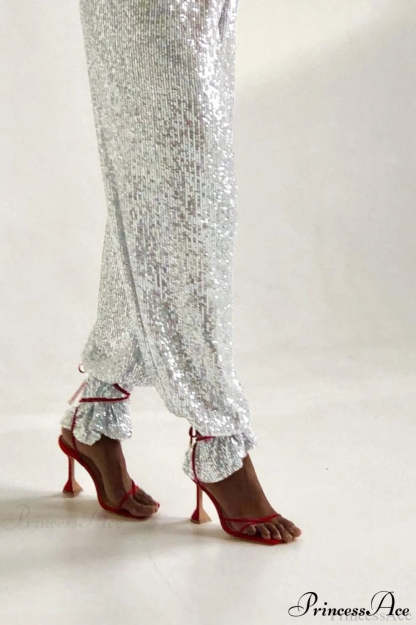 Sequin Slim-Fit Straight Casual Pants