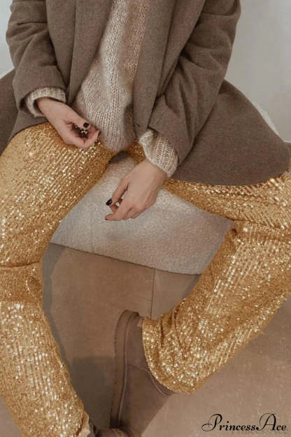 Sequin Slim-Fit Straight Casual Pants