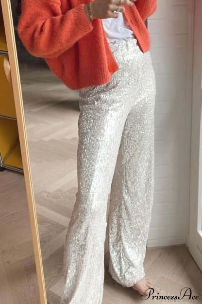 Sequin Slim-Fit Straight Casual Pants Silver / S