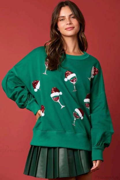 Sequined Crew Neck Pullover Sweater Dark green / S