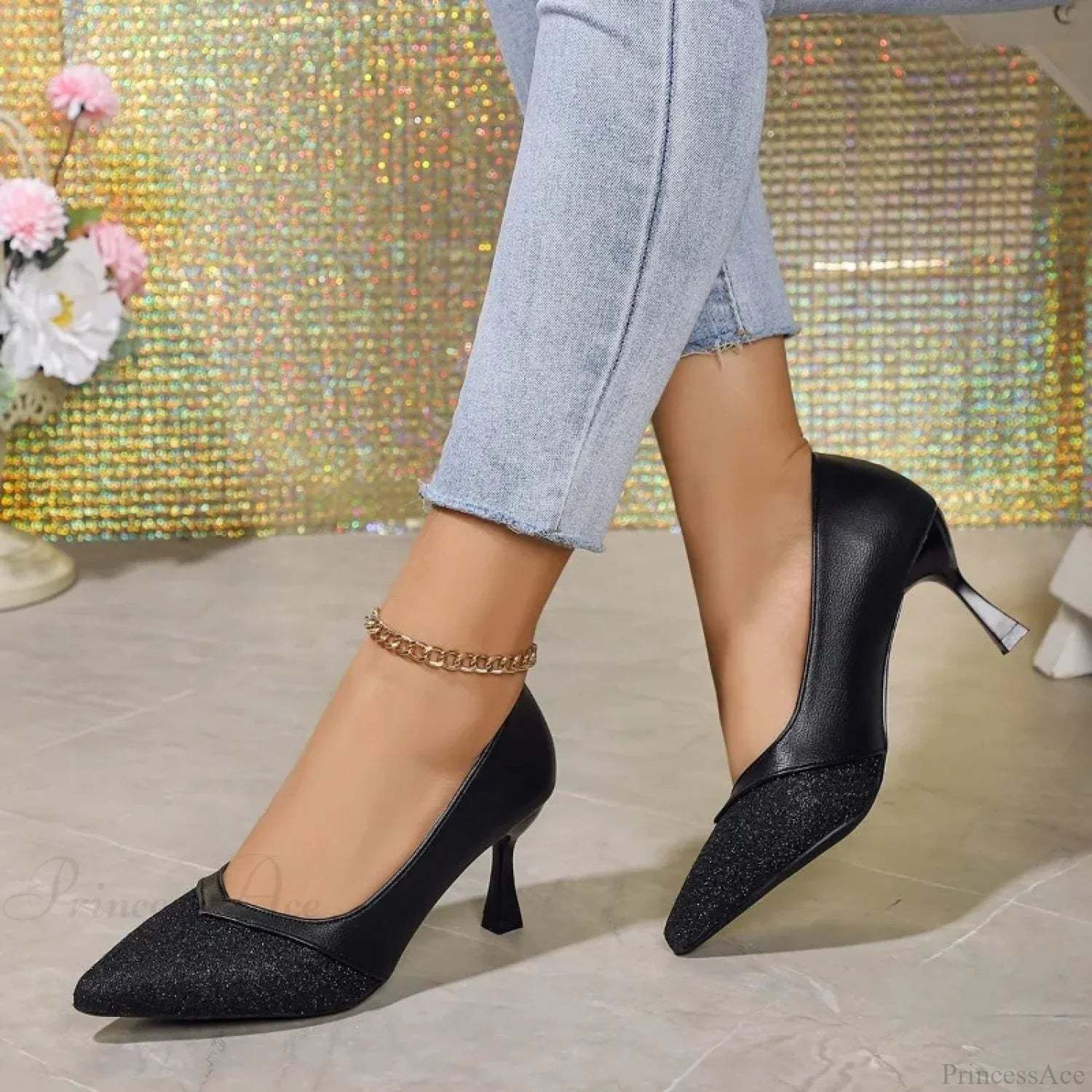 Sexy Pointed Exquisite Wedding Bride Casual Fashion Elegant Stiletto Low Heel Pump Black / 34