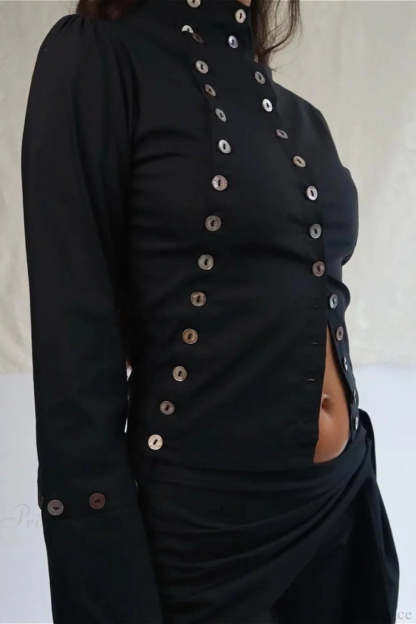 Sexy Solid Button Slim Round Neck Long Sleeve Blouse Black / S