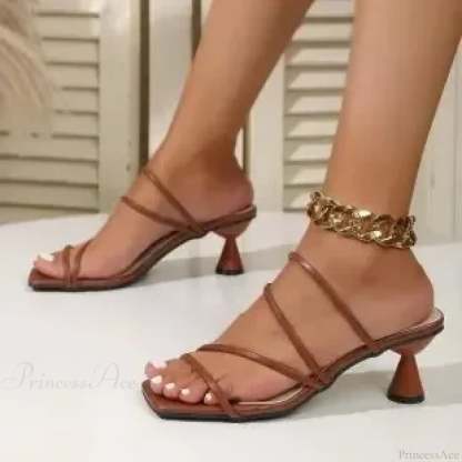 Sexy Summer Pumps Thin Band Square Toe Mules Party Sandals Low Heel Pump Dark Brown / 34