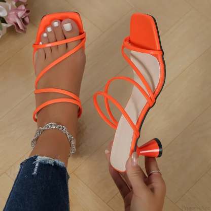 Sexy Summer Pumps Thin Band Square Toe Mules Party Sandals Low Heel Pump Orange / 34