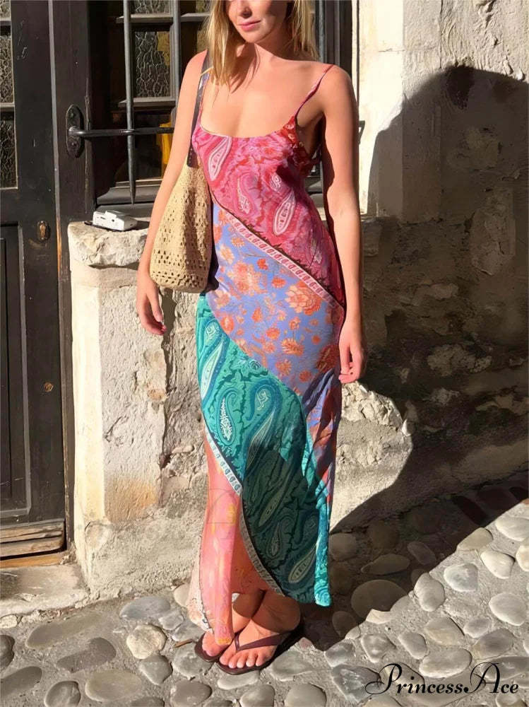 Sexy U-Neck Backless Bosnian Graceful Print Suspender Maxi Dress Dresses