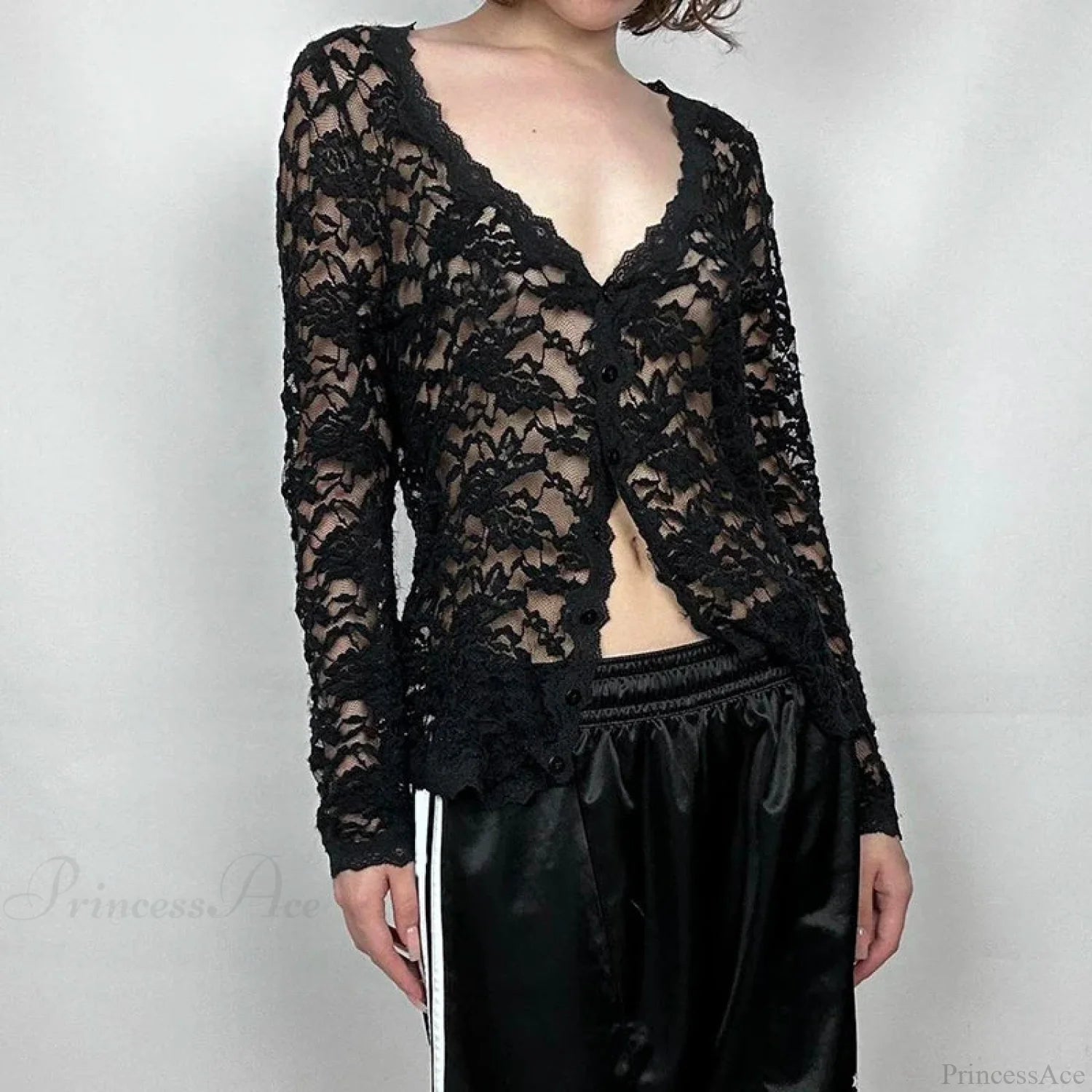 Sheer Button-up Knit Top Black / S