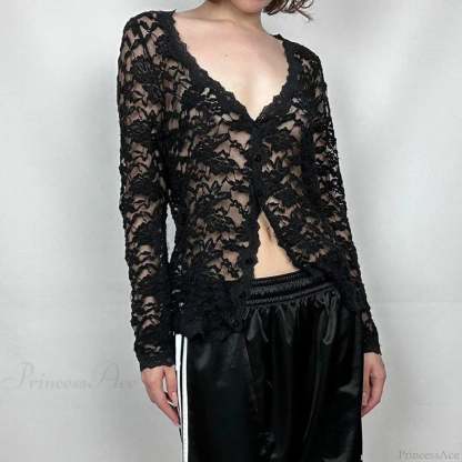 Sheer Button-up Knit Top Black / S