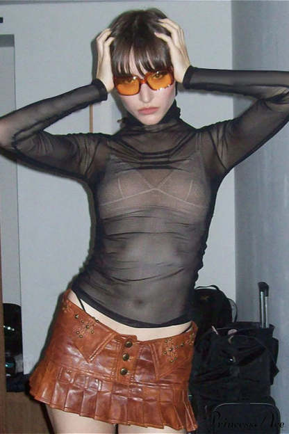 Sheer Solid Turtleneck Long Sleeve Tee Black / S