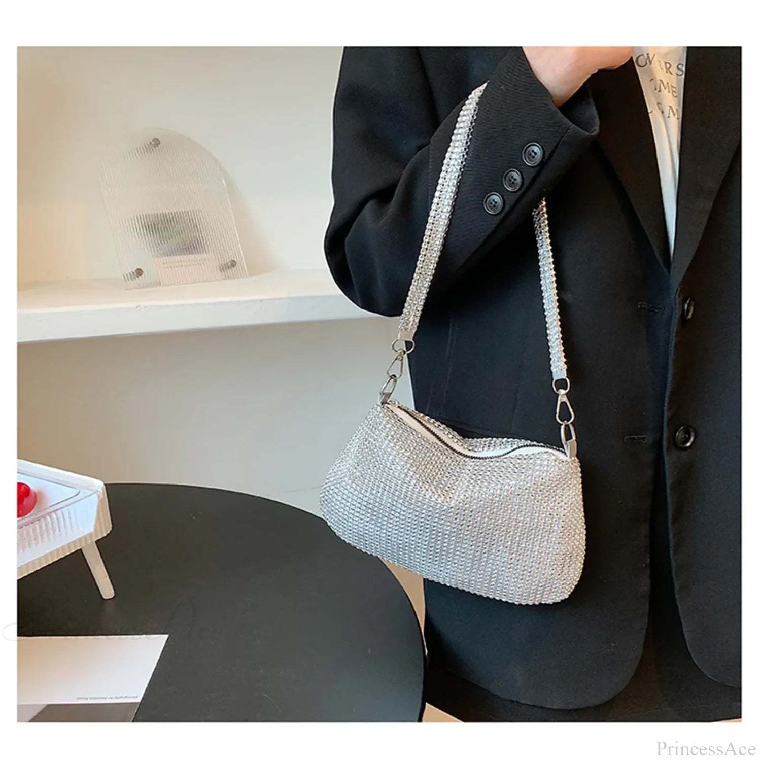 Shiny Crystal Rhinestones Evening Clutch Bag Wristlet SILVER wristlet-250126