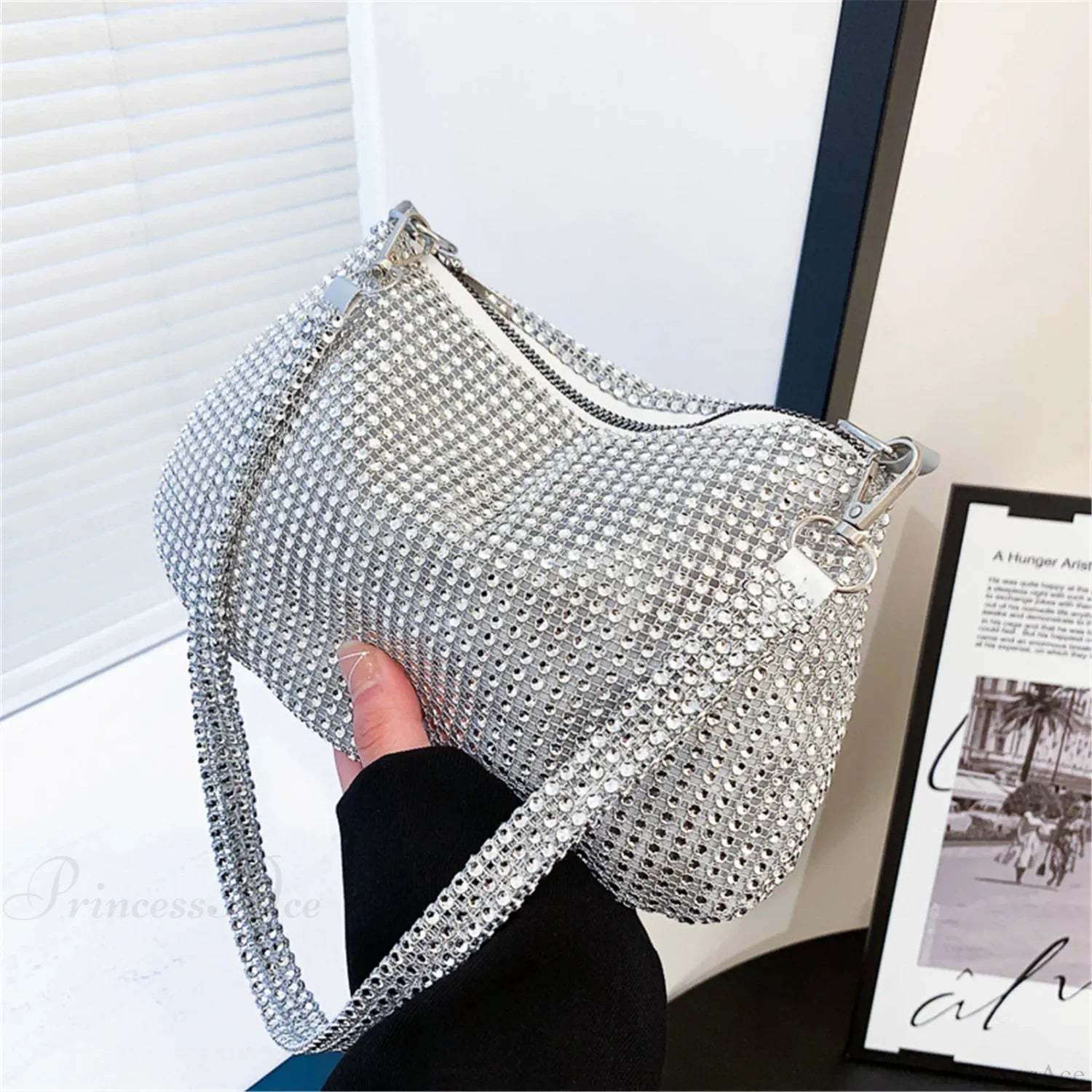 Shiny Crystal Rhinestones Evening Clutch Bag Wristlet SILVER wristlet-250126