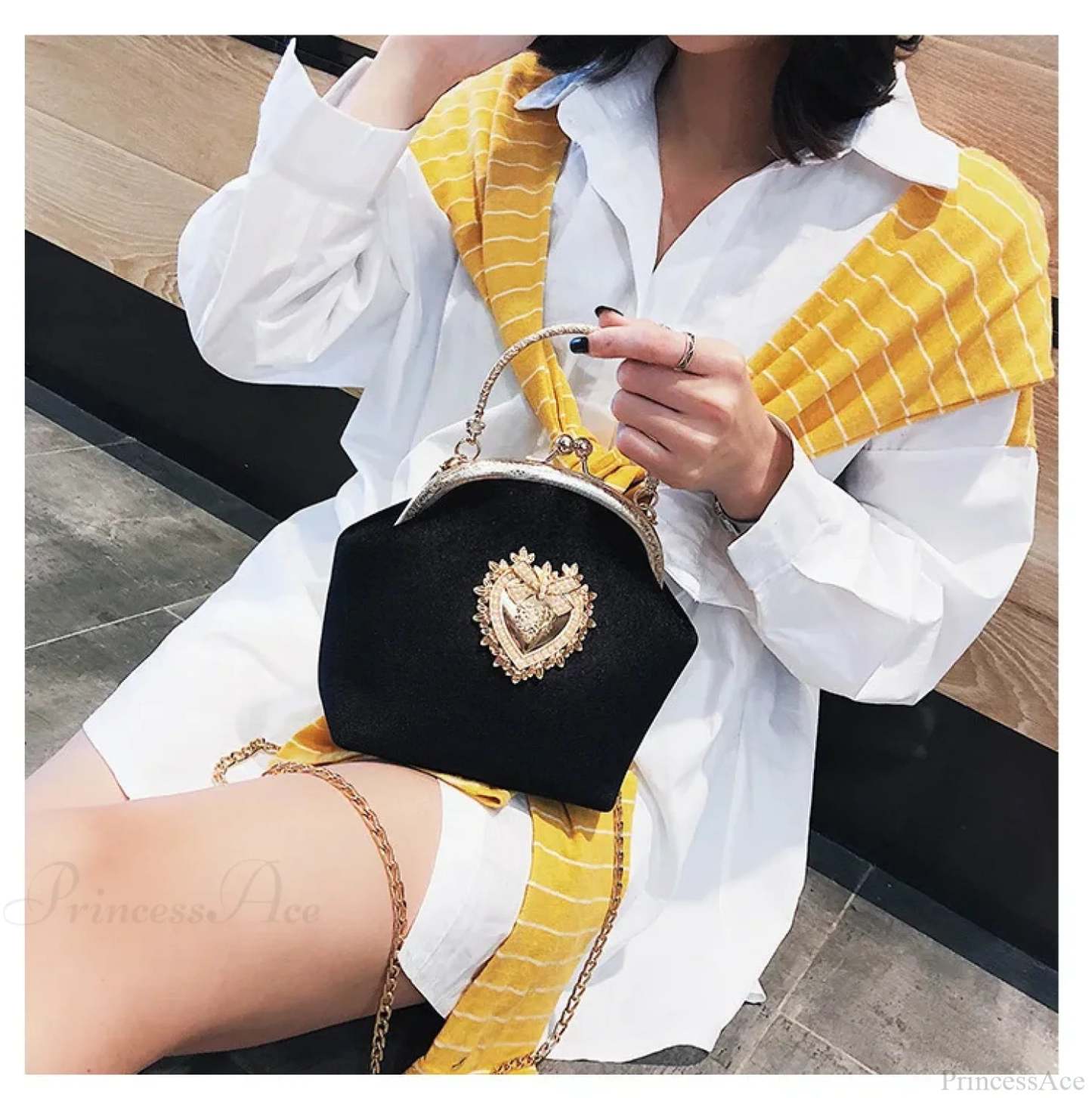 Shiny Heart Shape Evening Clutch Chain Shoulder Bag Black clutchbag-250126