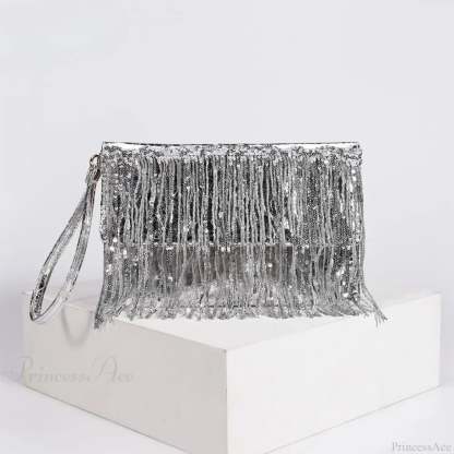 Silver Sequin Rhinestone Evening Clutch Wristlet silver wristlet-250126