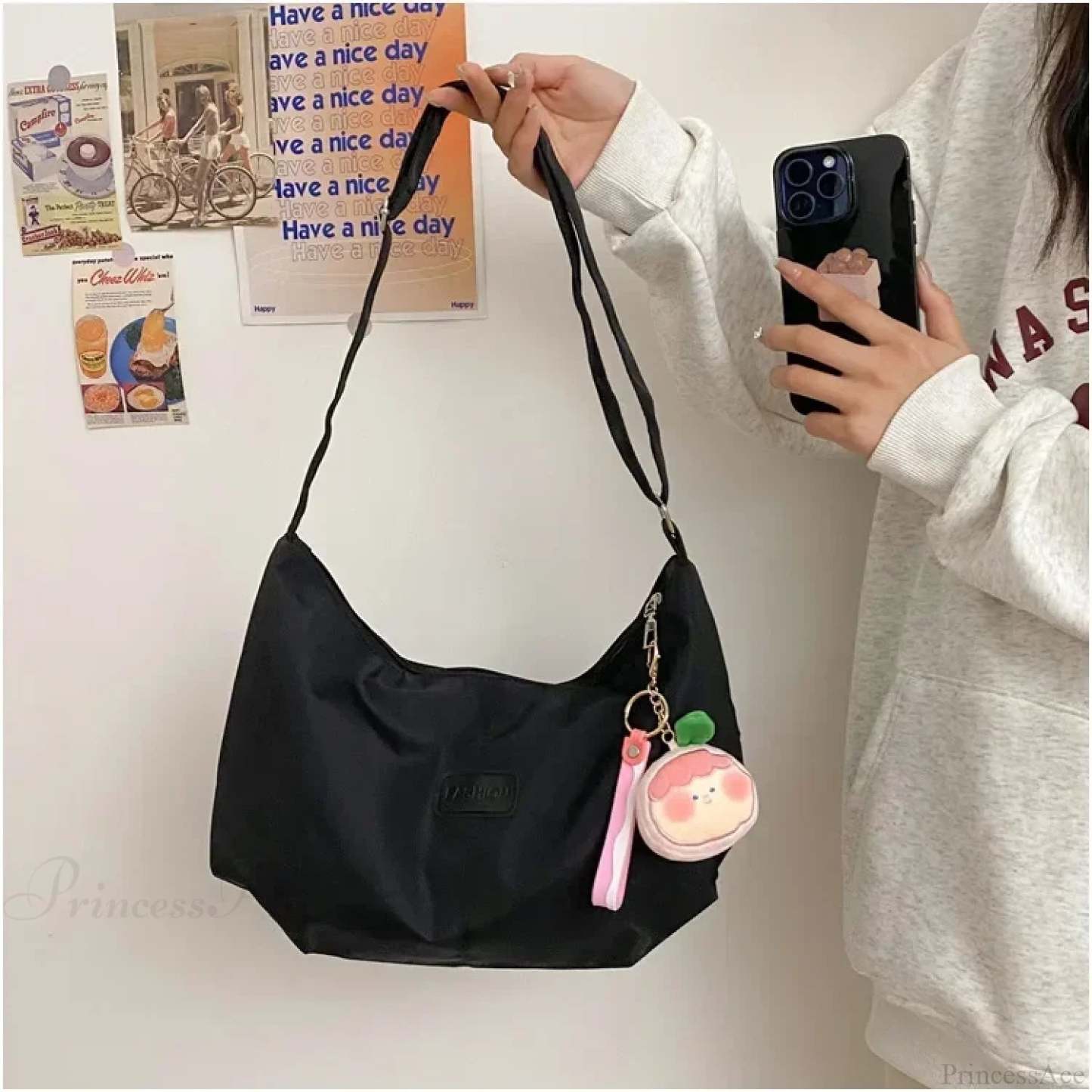 Simple College Style Nylon Large Crossbody Black / No plush pendant crossbody-250126