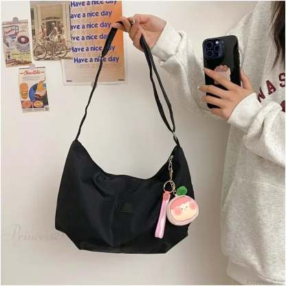 Simple College Style Nylon Large Crossbody Black / No plush pendant crossbody-250126