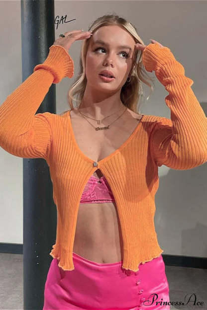 Single Button Crew Neck Solid Color Crop Long Sleeve Cardigan Orange / S