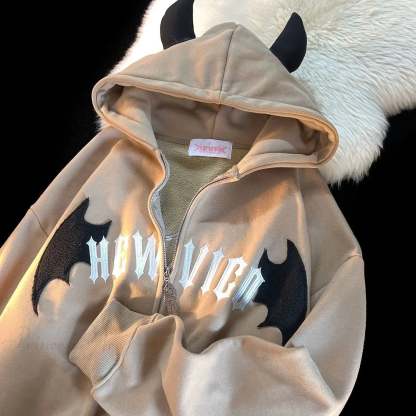 Skeleton Printed Zipper Hoodie coffee / M