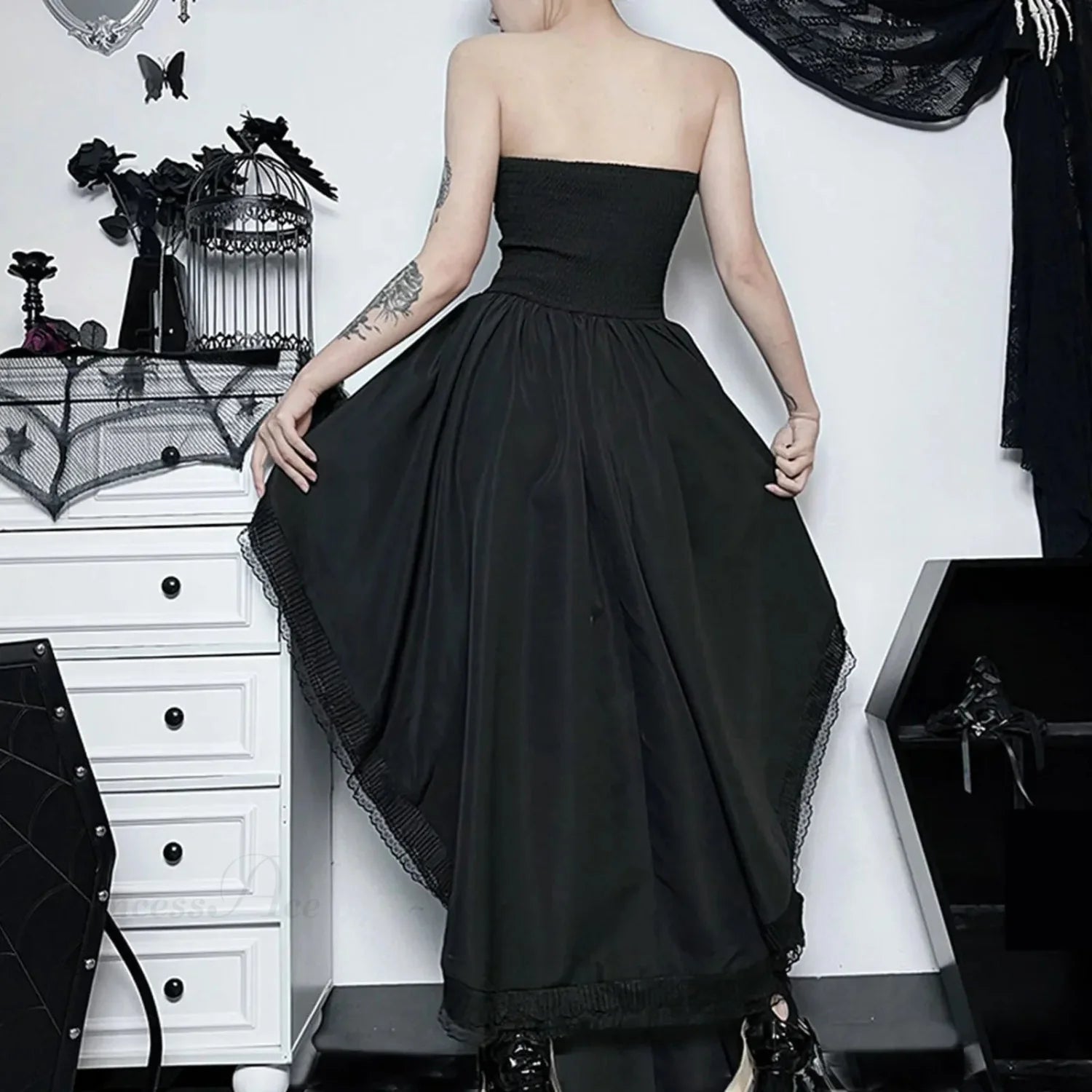 Sleeveless Lace Tuxedo High Low Midi Dress