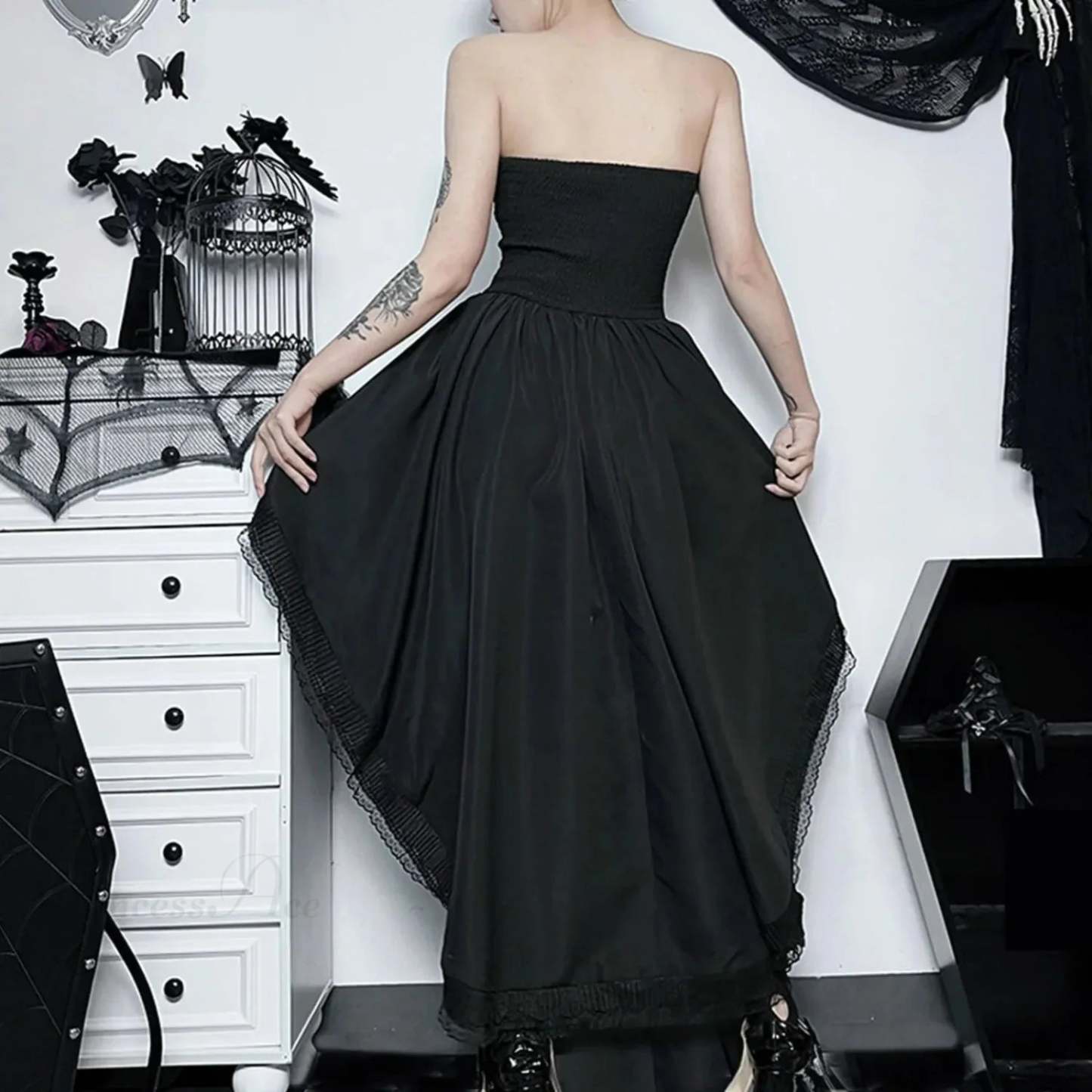 Sleeveless Lace Tuxedo High Low Midi Dress