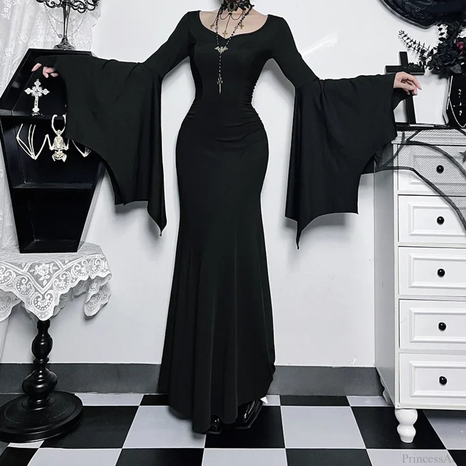 Slim Gothic Fall Daily Comfort Maxi Dress Black / XS