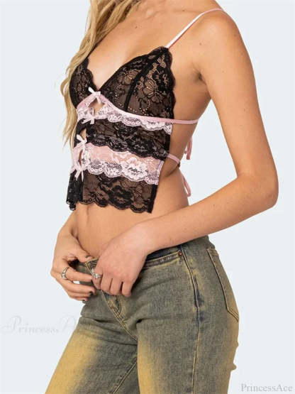 Slim Lace Bowknot Cutout Spaghetti Crop Top croptop-250126
