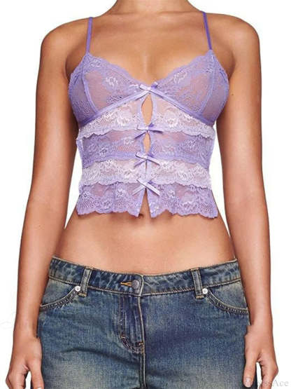 Slim Lace Bowknot Cutout Spaghetti Crop Top PURPLE / S croptop-250126