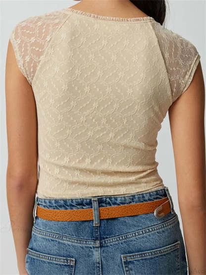 Slim Lace Patchwork Deep V-neck Crop Top croptop-250126
