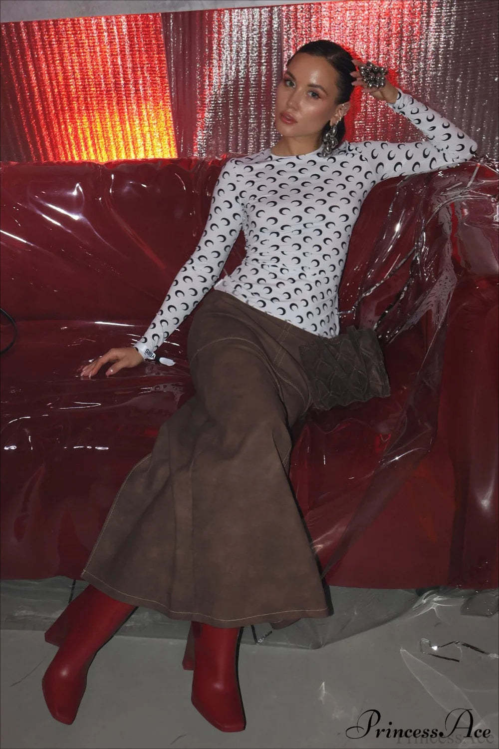 Slim Moon Print Crew Neck Long Sleeve Tee