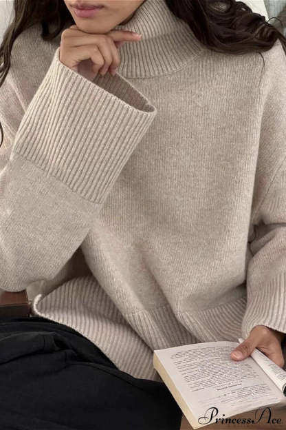 Slit Loose Knit Turtleneck Solid Sweater