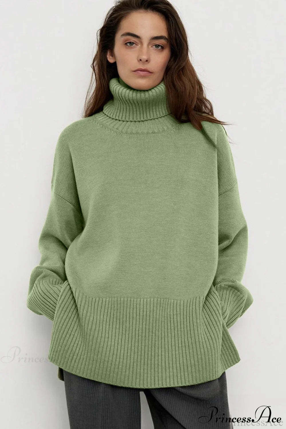 Slit Loose Knit Turtleneck Solid Sweater
