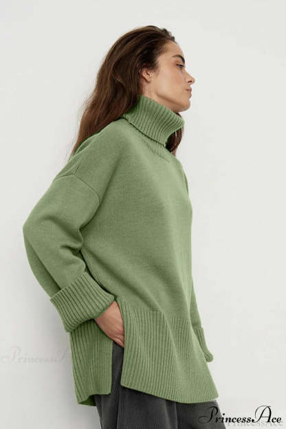 Slit Loose Knit Turtleneck Solid Sweater Green / S