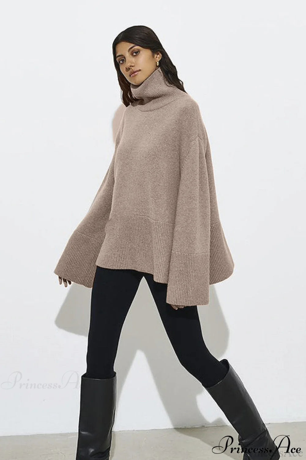 Slit Loose Knit Turtleneck Solid Sweater Khaki / S