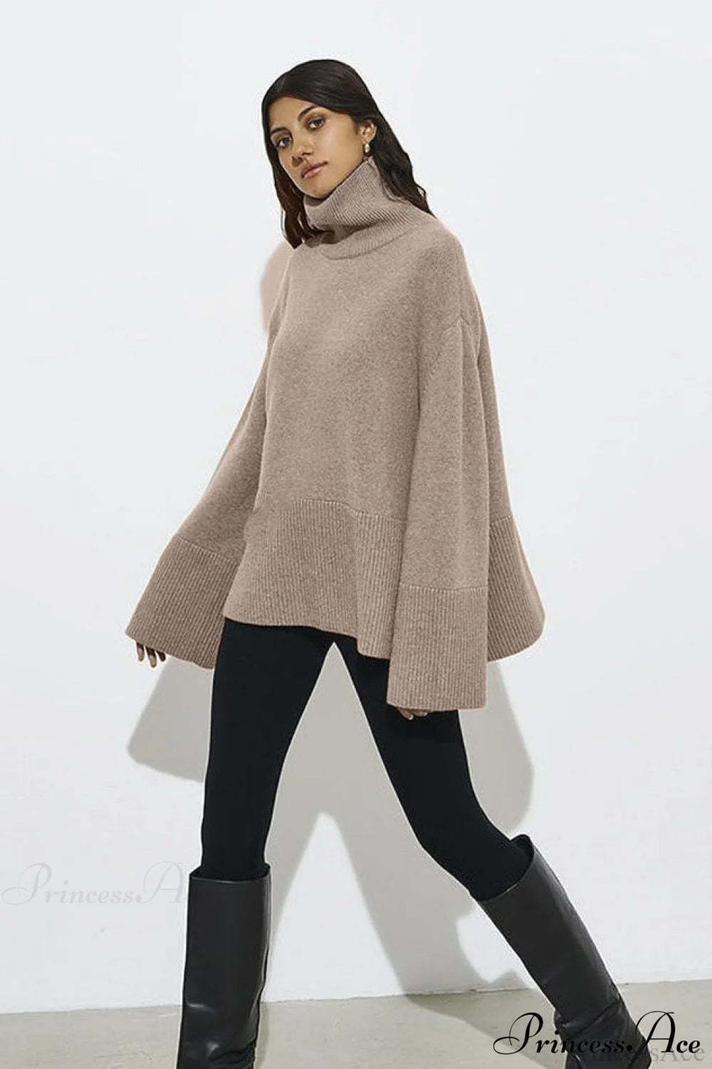 Slit Loose Knit Turtleneck Solid Sweater Khaki / S