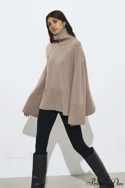 Slit Loose Knit Turtleneck Solid Sweater Khaki / S