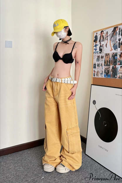 Slouchy Loose Straight Leg Cargo Denim Pants Yellow / S