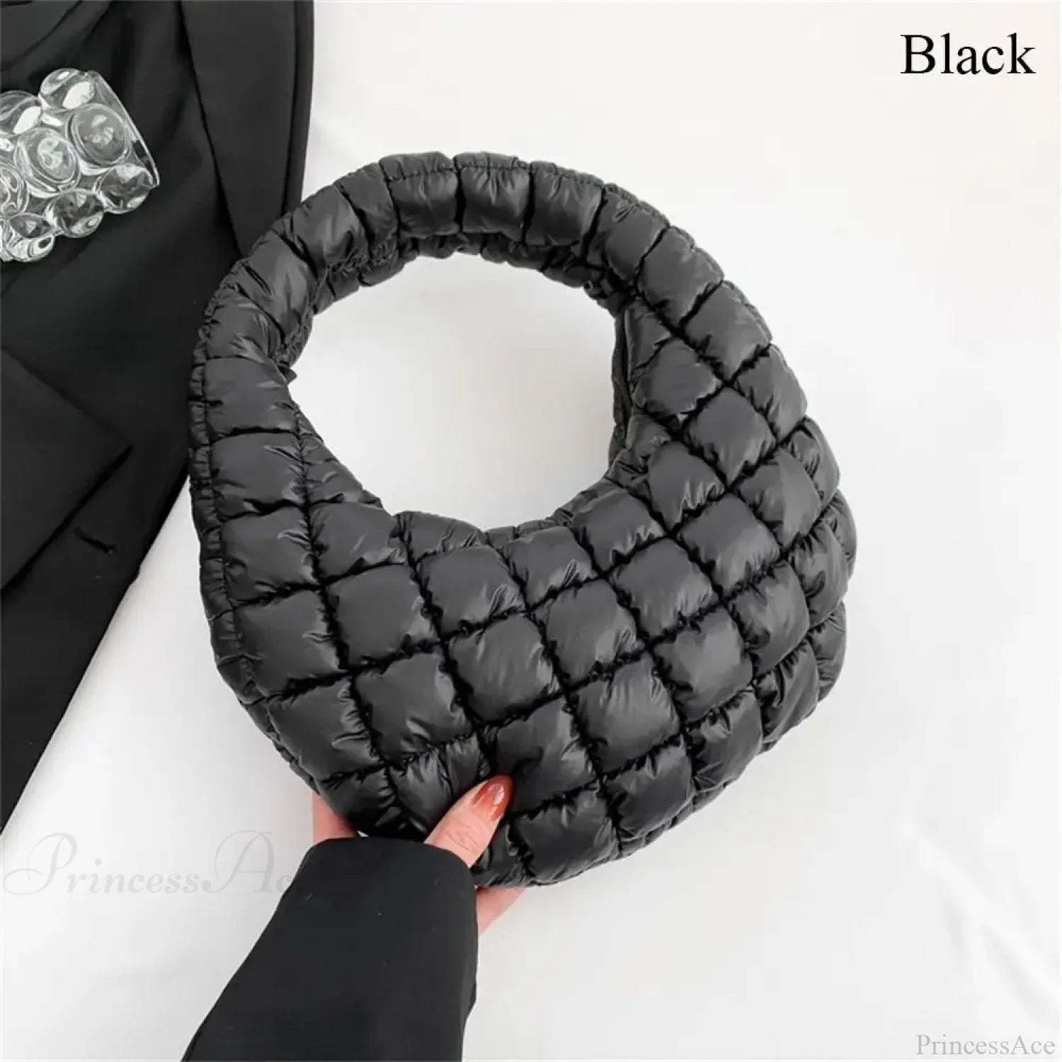 Small Quilted Tote Cotton Padded Shoulder Handbag Black handbag-250126