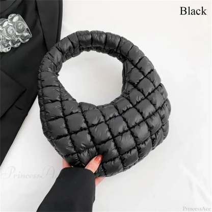 Small Quilted Tote Cotton Padded Shoulder Handbag Black handbag-250126
