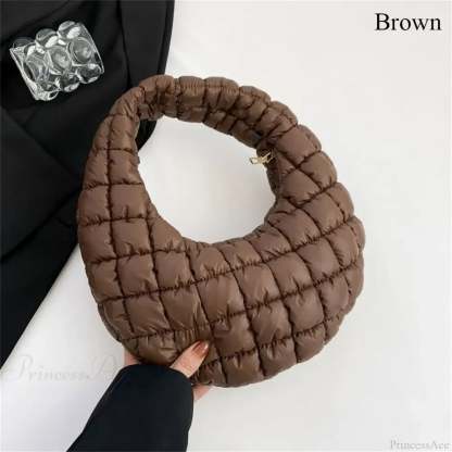 Small Quilted Tote Cotton Padded Shoulder Handbag Brown handbag-250126