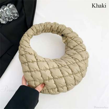 Small Quilted Tote Cotton Padded Shoulder Handbag khaki handbag-250126
