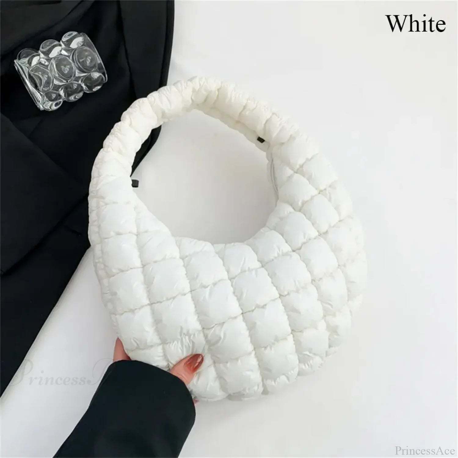 Small Quilted Tote Cotton Padded Shoulder Handbag White handbag-250126
