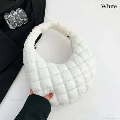 Small Quilted Tote Cotton Padded Shoulder Handbag White handbag-250126