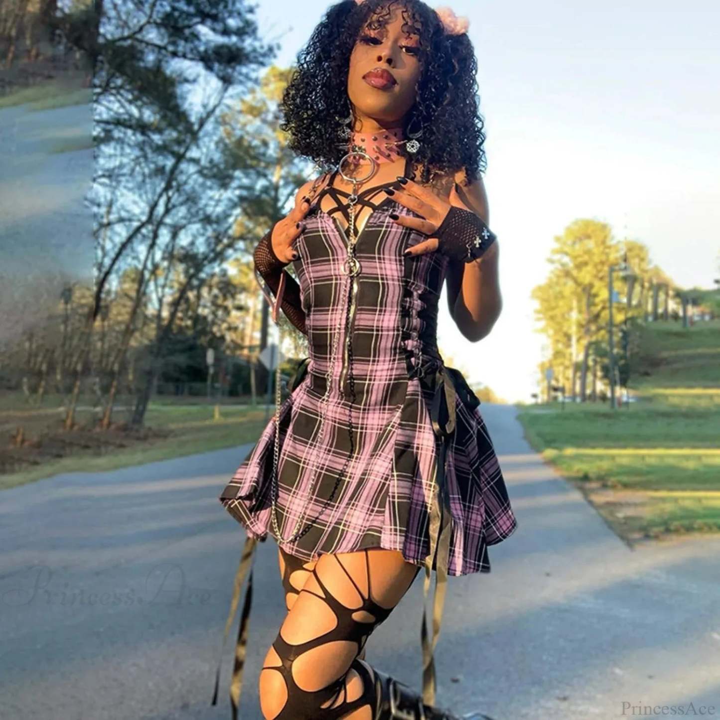 Soft Lace-up Checkered Mini Dress