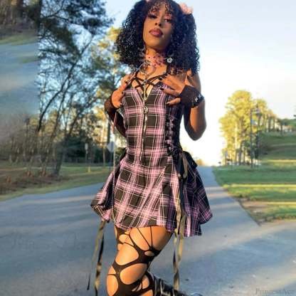 Soft Lace-up Checkered Mini Dress