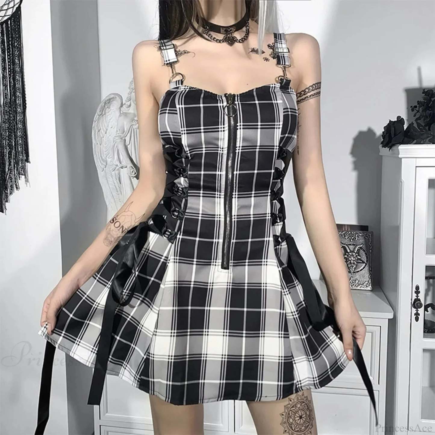 Soft Lace-up Checkered Mini Dress White / S