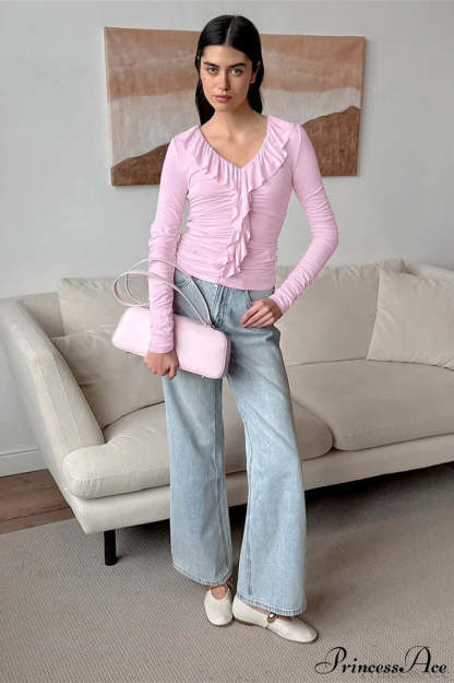Soft Pink Ruffled Long Sleeve Tee