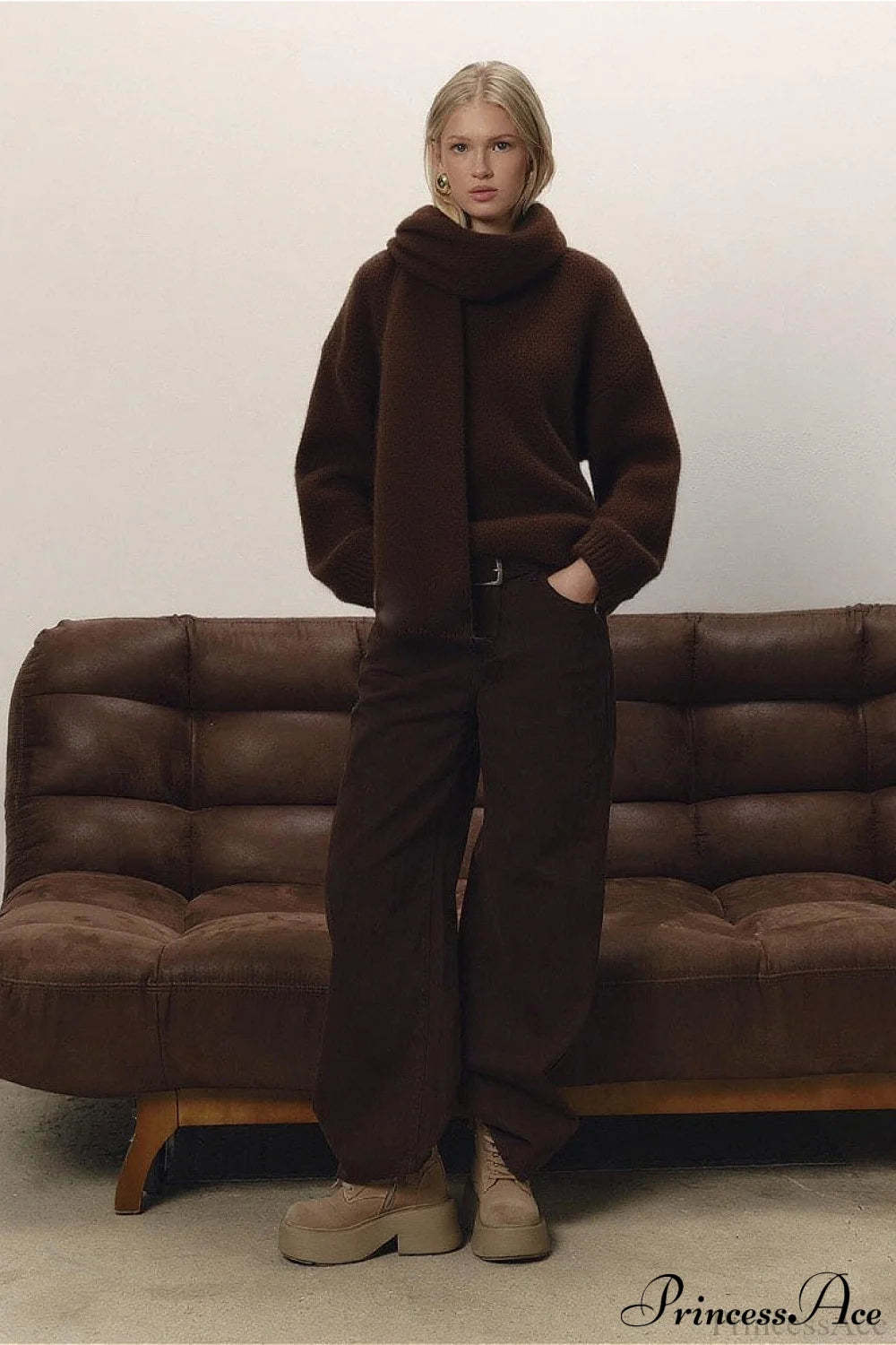 Soft Wool Crew Neck Loose Slouchy Sweater Brown / M