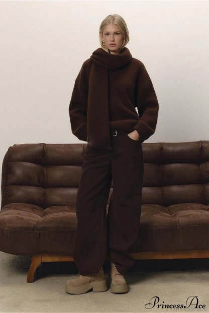 Soft Wool Crew Neck Loose Slouchy Sweater Brown / M