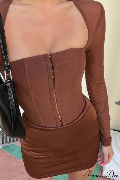 Solid Cardigan Hook Waist Tulle Long Sleeve Crop Top