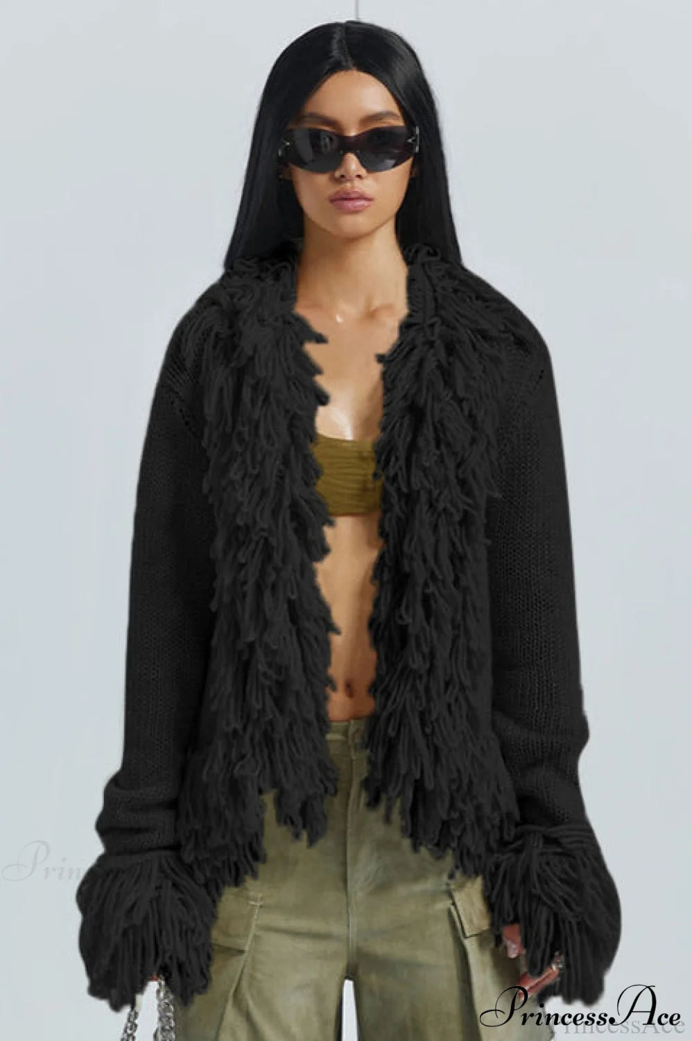 Solid Color Knit Fringe Loose Long Sleeve Cardigan Black / S