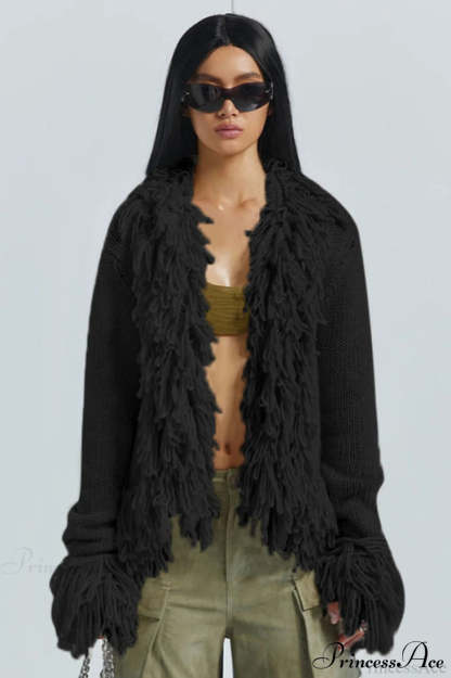 Solid Color Knit Fringe Loose Long Sleeve Cardigan Black / S
