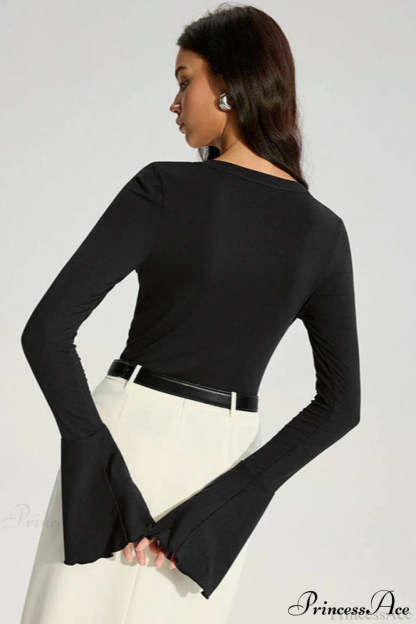 Solid Color Panel Flared Sleeve Ruffled Blouse